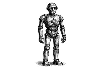 Obraz premium Vintage engraved illustration of a humanoid robot in detailed style — stock vector.