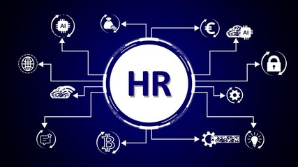 HR Solutions concept diagram with icons for handshake idea person and growth chart on blue background - Powered by Adobe