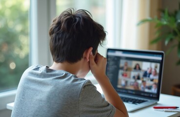Young boy attends online class from home. Student sits at desk watching virtual conference on laptop. Kid learns remotely via internet. He studies from home lesson during lockdown pandemic time.