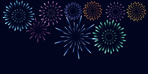 Festive multicolored fireworks PNG. Exploding various fireworks on a transparent background. Festive background.