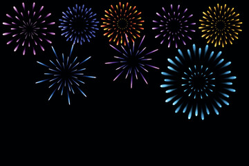 Festive multicolored fireworks PNG. Exploding various fireworks on a transparent background. Festive background.