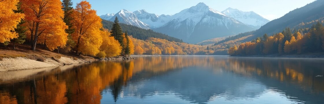 Scenic landscape view of lake with water reflection. Snow mountain range at background. Autumn forest trees with yellow leaf. Nature scenic beauty at mountain valley. Calm water scenery with - Powered by Adobe