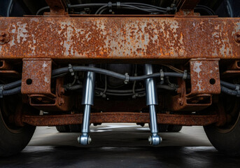 New shock absorbers installed on a rusty truck chassis. Vehicle suspension repair and maintenance. Contrast between old corroded metal and new automotive parts