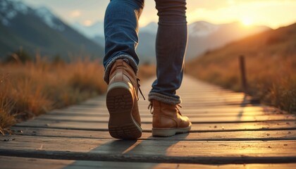 Person walks on path in nature toward horizon in mountain scenery. Brown boots and blue jeans of walking man. New experience adventure and outdoor recreation concept in sunset light.