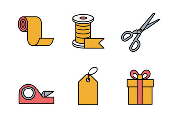 Gift wrapping supplies icons featuring tape scissors ribbon and gift box