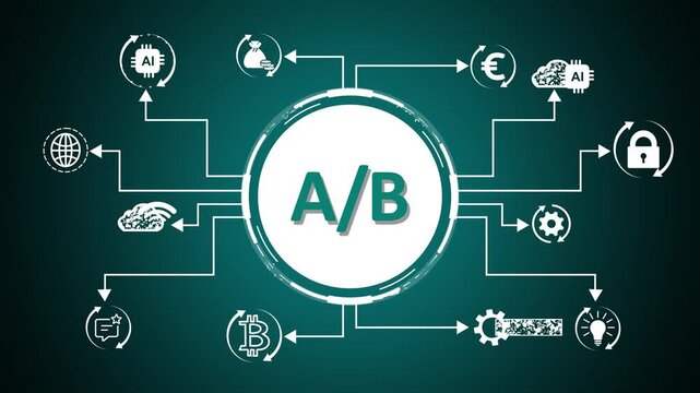 A/ B testing concept diagram with icons for marketing and business growth on a cyan background A/B testing