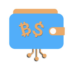 Minimalist Cartoon Bitcoin Wallet Icon with Orange Bitcoin Symbol and Blue Wallet