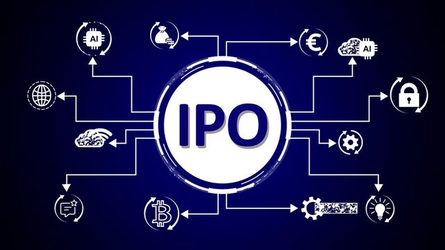 I P O concept network diagram with icons for global business finance and innovation initial public offering