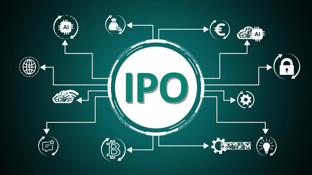 I P O concept network diagram with icons for global business finance and innovation initial public offering