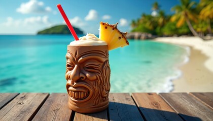 Tiki mug with creamy beverage and pineapple sits on wooden deck. Turquoise ocean water, white sand beach and green palm trees form tropical island background. Sunny day.