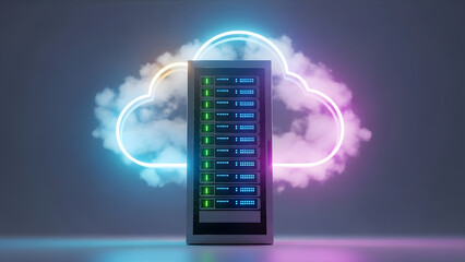 Server rack with cloud computing services background. Digital data storage concept for hosting, network, and global communication infrastructure.
