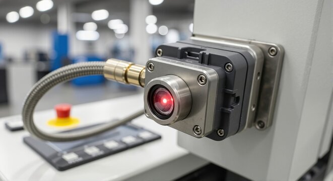 Industrial machine vision camera with a red laser for quality control. Automated sensor on a factory production line. Modern manufacturing and robotics technology