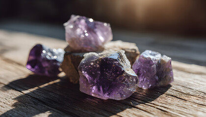 Fototapeta premium Purple amethyst crystals resting on a wooden surface, illuminated by sunlight.