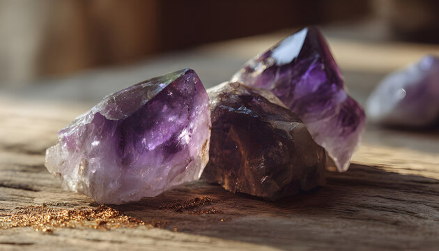 Purple amethyst crystals resting on a wooden surface, illuminated by sunlight.