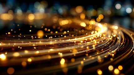 Obraz premium Golden trails curve through the darkness, a blur of motion and light evoking futuristic transport or abstract data streams.