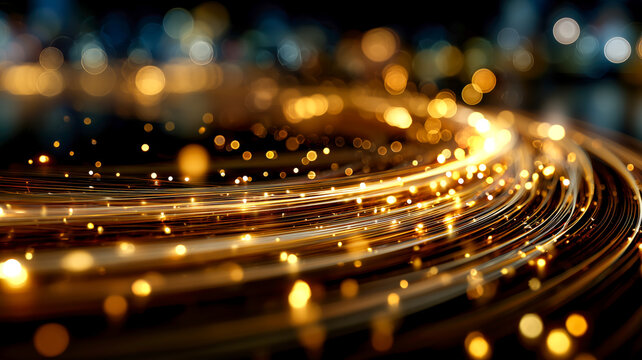 Golden trails curve through the darkness, a blur of motion and light evoking futuristic transport or abstract data streams.