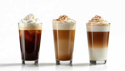 Three tall glasses of layered coffee drinks presented on clean white background. Beverage unique compositions, textures. Topped with whipped cream, two garnished with spice powder. Refreshing cold