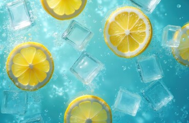 Lemon slices and ice cubes floating in fresh blue water. Yellow lemon rounds surrounded by clear ice cubes and water bubbles. Refreshing summer drink concept with citrus fruit and cold ice.