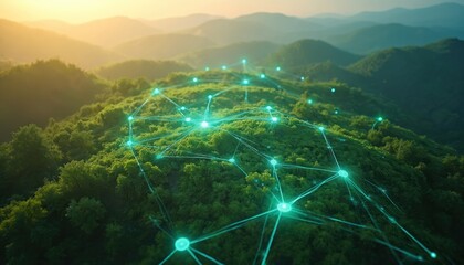 Green rolling hills with glowing blue network lines connecting bright nodes across landscape. Digital overlay suggests futuristic connectivity, growth across natural terrain. Sunrise light