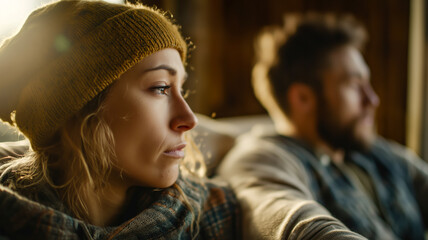 Contemplative woman in beanie, sharing a quiet moment with a blurred man in the background, bathed in the warm glow of sunlight.