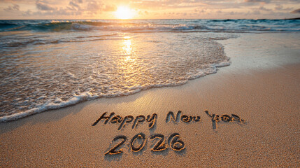 Happy New Year 2026 Sand Writing on Sunlit Shoreline with Rolling Ocean and Luminous Pastel Sky &ndash; perfect for holiday celebrations