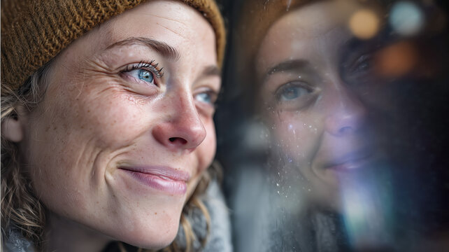 A pensive woman gazes out the window, her expression thoughtful. Winter hat & reflection give intimate view into thoughts and dreams. - Powered by Adobe