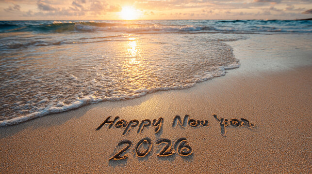 Happy New Year 2026 Sand Writing on Sunlit Shoreline with Rolling Ocean and Luminous Pastel Sky – perfect for holiday celebrations
