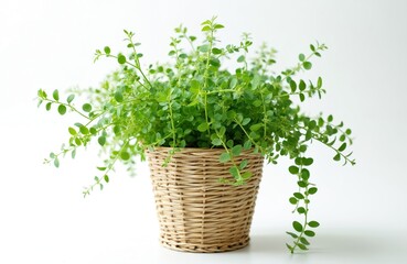 Fresh green oregano herb grows in a rustic wicker basket. Young leaves sprout, symbolizing natural healthy food, cooking ingredient. Plant isolated on white background. Home garden spice.