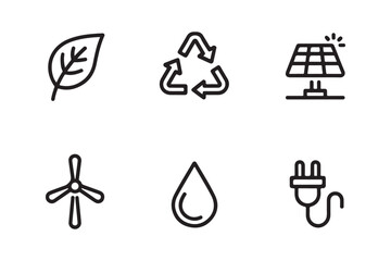 Set of six simple line art icons representing environmental and energy concepts