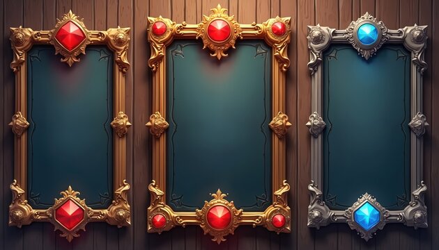 Three ornate rectangle frames for ui design on wooden wall. Frame features vintage border with gemstone. Perfect for game interface, app, medieval ranking, blank panel, fantasy art. Isolated