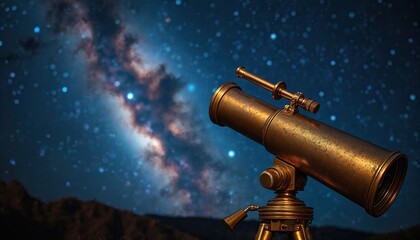 Vintage brass telescope points towards starry night sky. Milky Way galaxy, distant stars glow brightly. Equipment used for space research, astronomy, cosmos exploration, universe discovery at