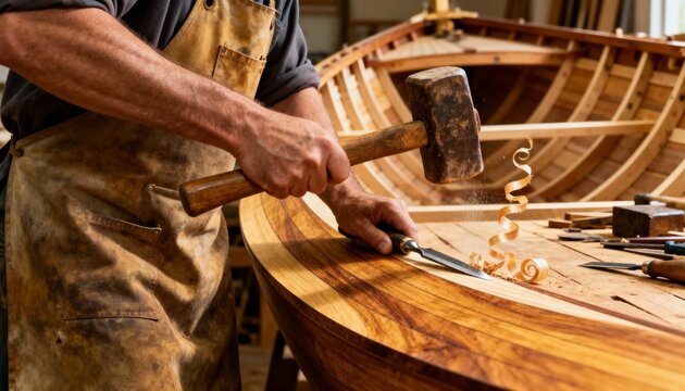 Craftsman striking a wooden mallet on a chisel captured in a medium shot showcasing the rhythmic hammering of artisanal ship construction.