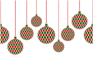 seamless border with hanging christmas balls isolated on white background