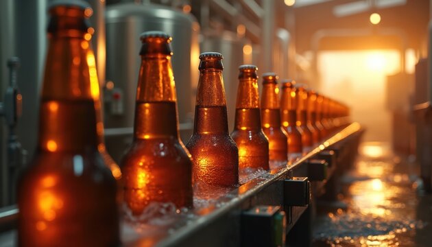 Row of brown beer bottles on conveyor belt in brewery factory. Bottles are wet and moving along production line. Industrial interior with large metal equipment in background. Beer manufacture process.