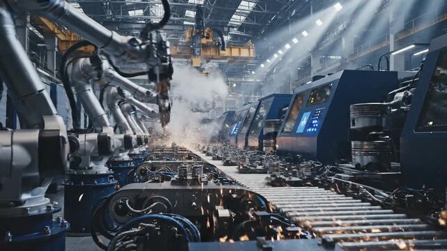 Automated Factory Robotic Arms Welding on Assembly Line