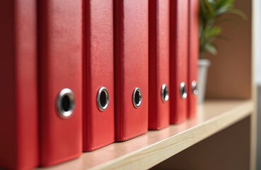Red office folders stand in row on shelf. Business records paperwork sorted filing system. Documents archive data management concept in office space store information.