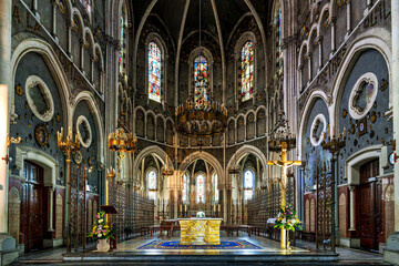 Interior of the Basilica in the Sanctuary of Lourdes, France. Mayor pilgrimage spot for Catholics