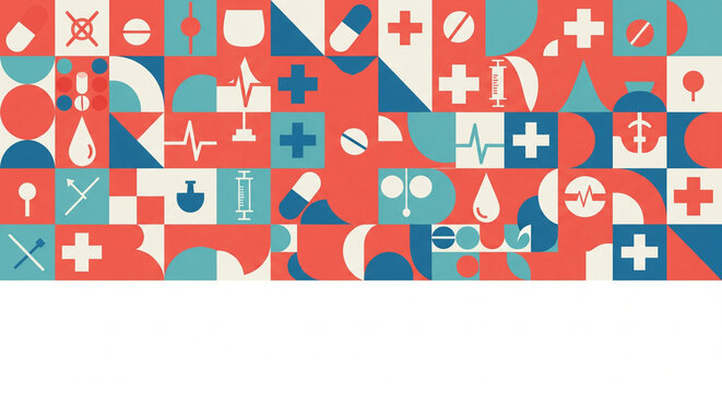 Modern medical geometric pattern with care symbols, offering a bold, vibrant design for healthcare branding or modern wellness concepts, perfect for innovative health campaigns