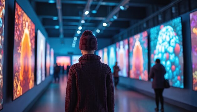 Person views digital art exhibition hall, screens display colorful creations. People walk through gallery, explore virtual displays of crafts and maker profiles. Modern tech showcases creative works.
