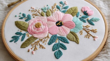 Floral embroidery hoop with pastel pink and blue flowers on white fabric