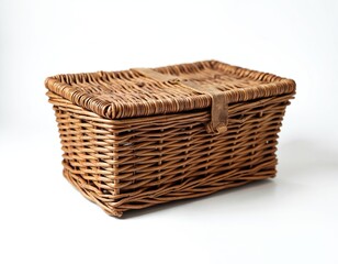 Brown wicker basket with lid and leather strap closure sits on white surface. Rectangular woven container for storage or picnics. Useful for rustic decor, outdoor events, or crafting.