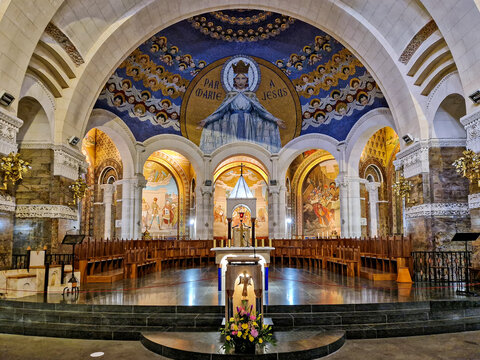 Interior of the Basilica in the Sanctuary of Lourdes, France. Mayor pilgrimage spot for Catholics