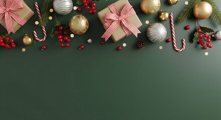 Merry Christmas flat lay background featuring gifts, ornaments, candy canes, and greenery with space for personalized holiday greetings