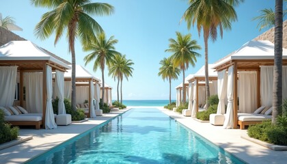 Obraz premium Luxurious beach resort offers private cabanas, comfortable daybeds, infinity pool leading to blue ocean. Tall palm trees line pristine white sand beach. Tropical vacation destination exclusive serene