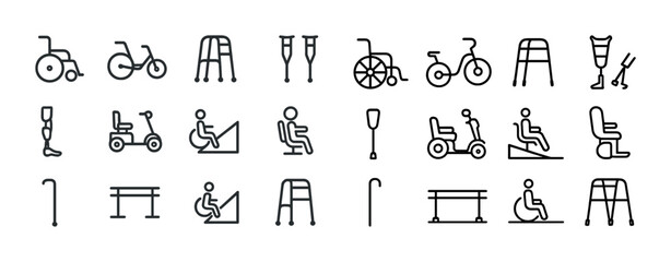 Fototapeta premium Adaptive mobility aids icons set: wheelchair, crutches, walker, bicycle, scooter