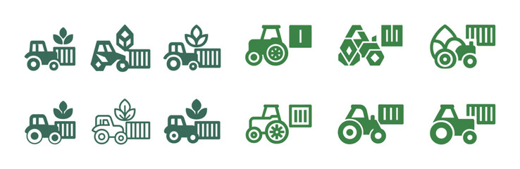 Set of green transportation and agriculture icons with trucks and tractors