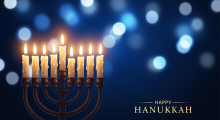Celebrate Hanukkah with glowing menorah candles creating a warm, festive ambiance for family celebrations and holiday promotions, perfect for cards and invitations