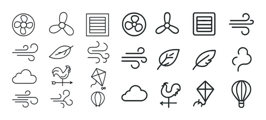 Naklejka premium Wind and air icons collection: fans, clouds, kites, leaves, balloons