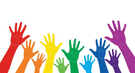 Fototapeta premium Vibrant rainbow of hands reach up in unity, creating a symbol of diversity, inclusion, and support for community projects, perfect for campaigns promoting togetherness