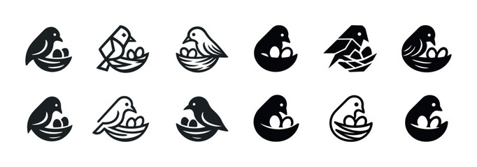 Fototapeta premium Variety of bird nest icons featuring birds with eggs in different stylized designs